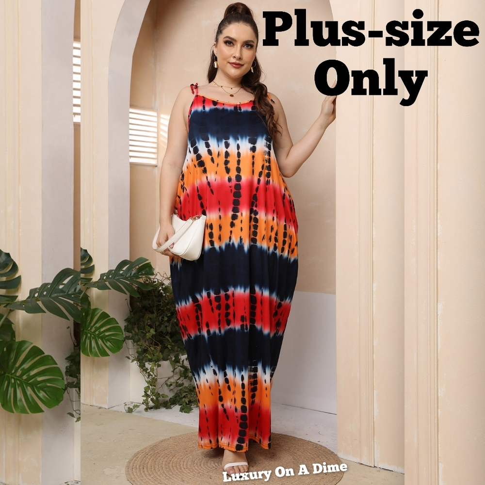 Retro Tie-Dye Sleeveless Adjustable Tie Spaghetti Strap Maxi Dress Plus Size